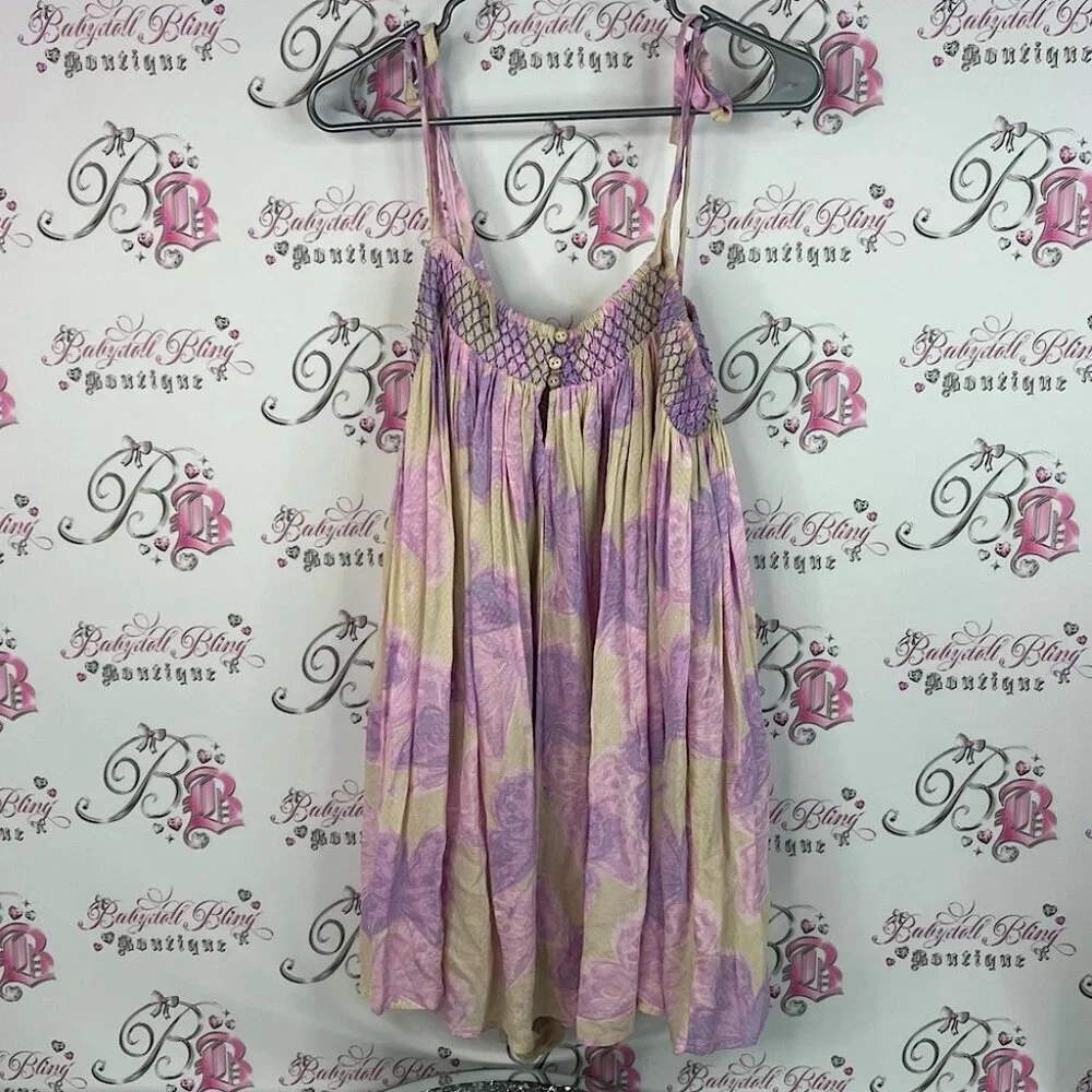 Free People romper Dress in Purple Cream yellow butterfly’s rare buttons shorts